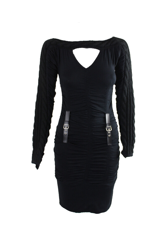 mixed media bodycon dress Patricia Forteal Black Long-Sleeve Mixed-Media 2 Size:40 Long College date nights cowboy boots Dress Sandals Navy Blue
