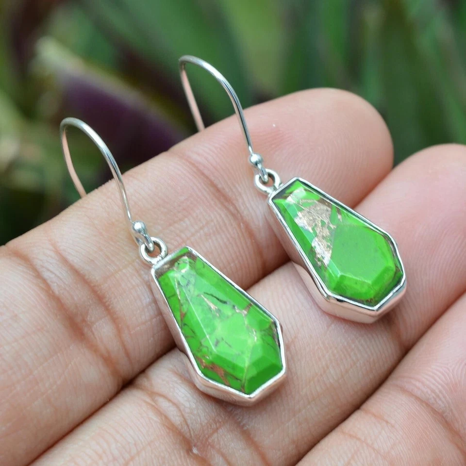 Colgante Gancho Pendiente Verde Turquesa Sarcófago 925Sterling Plata Regalo Niña - Imagen 2 de 4