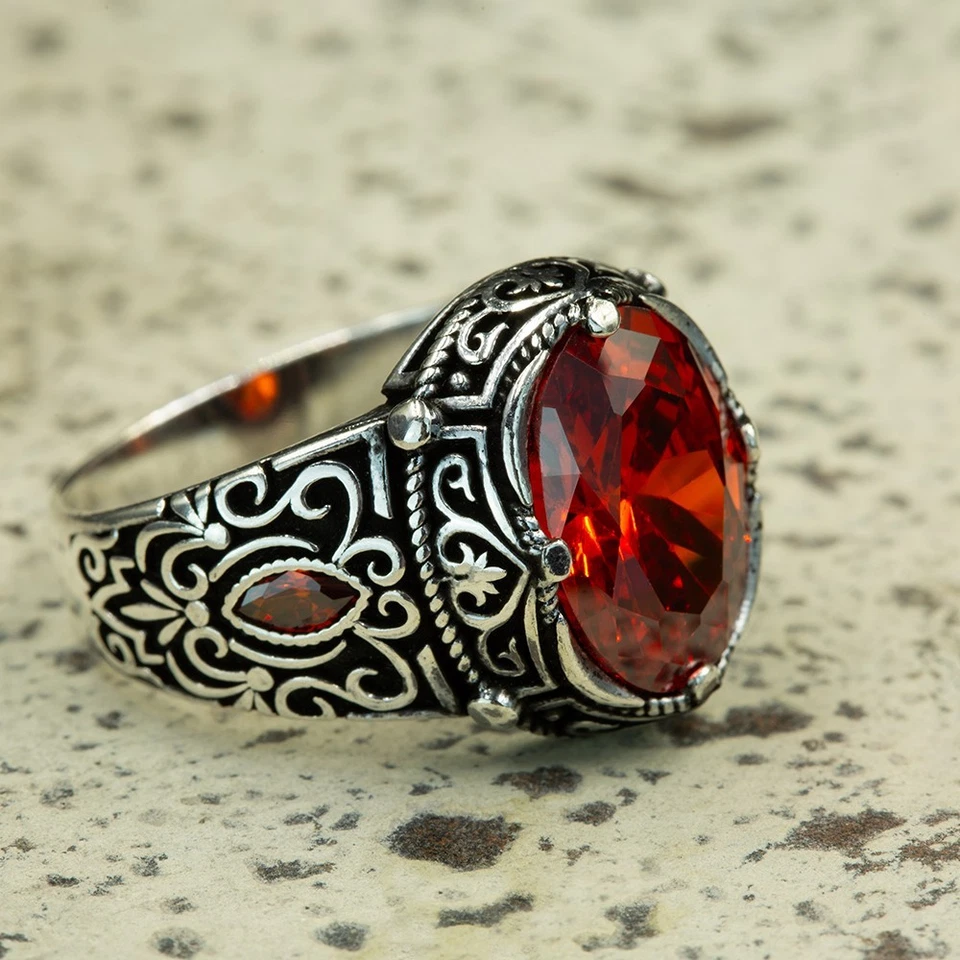 Anel masculino de prata esterlina 925 granada vermelha pedra preciosa - Imagem 3 de 4