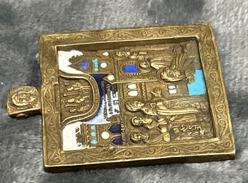 Russische Bronze Ikone Gottesmutter zum heiligen Sergius mit 4 Farben Emaille 19. Jahrhundert. - Bild 9 von 13