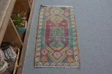 Handcrafted Green and Purple Rug, 1.6x3.1ft, Bohemian Decor