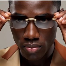 Rimless Sunglasses Gold Clear Lens Wood Grain Arms Rhinestone Accents Hip Hop