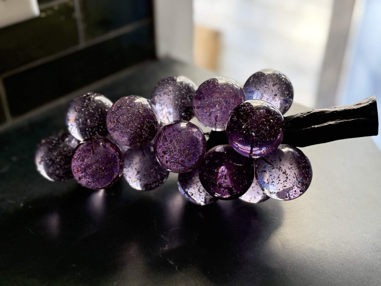 VTG  Purple Grape Cluster Silver Flakes  Mid century Modern Big 13” Long