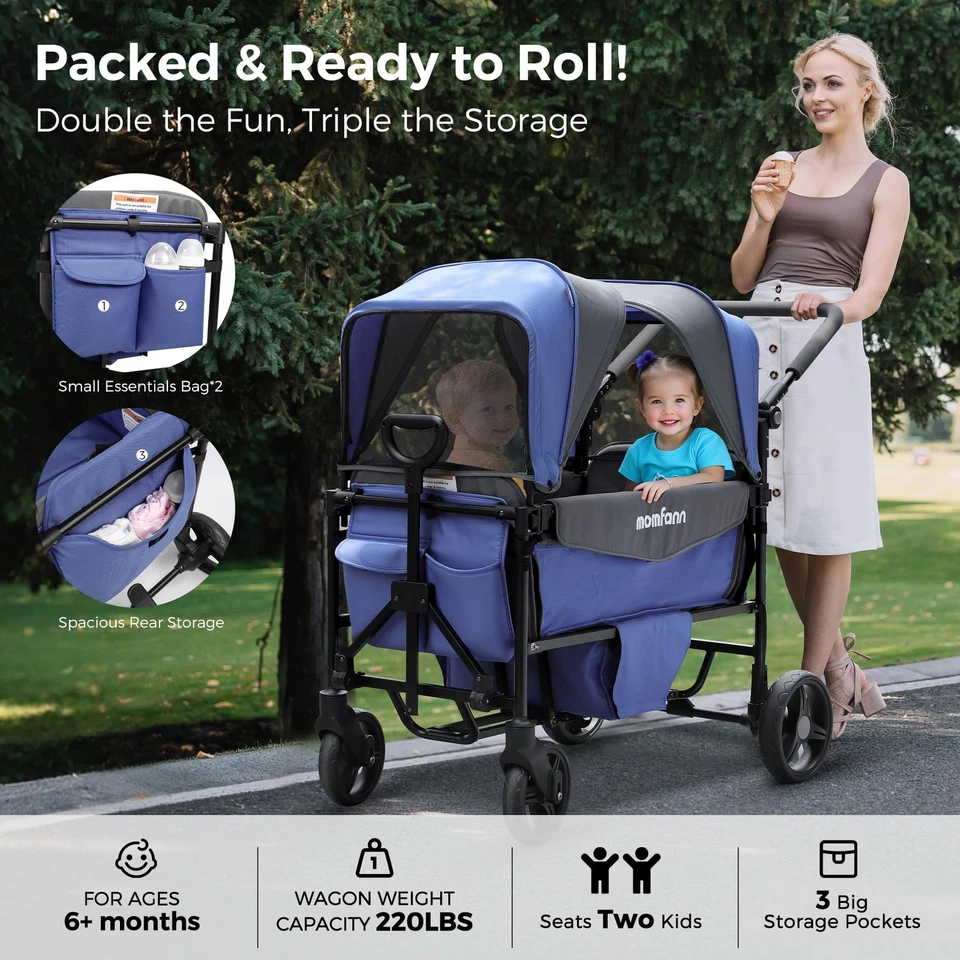 Stroller Wagon for 2 Kids w/Canopy, Adjustable Push/Pull Handle Folding Stroller - Image 2 of 4