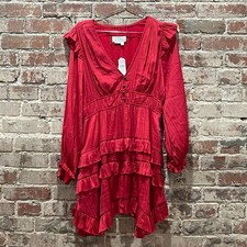 NEW Anthropologie Tiered Ruffled Mini Dress Long Sleeves in Red Size Small