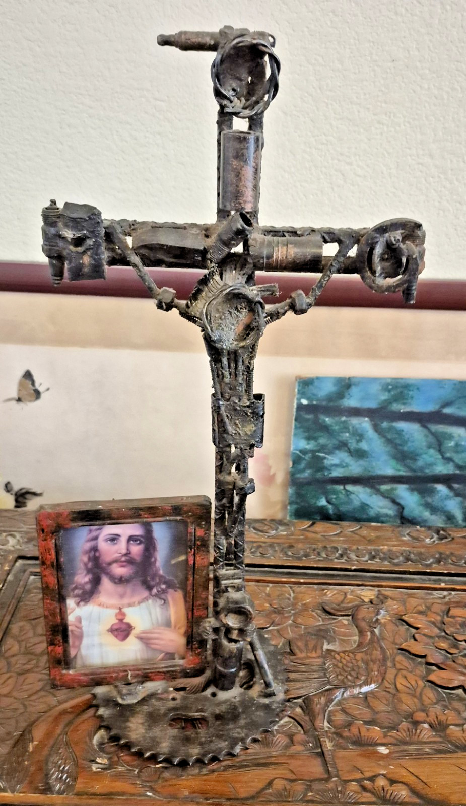 Brutalist Sculpture Heart Of Flesh Hammered By Hearts Of Stone Iron Crucifix 21"