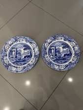 VTG 2 Spode ITALIAN 10.5" Dinner Plates Blue  White Made In England Older Mark
