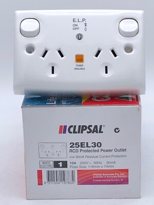 Clipsal Lifesaver Powerpoint 25EL30 Double Outlet Switch RCD 10A 250V E.L.P 30mA