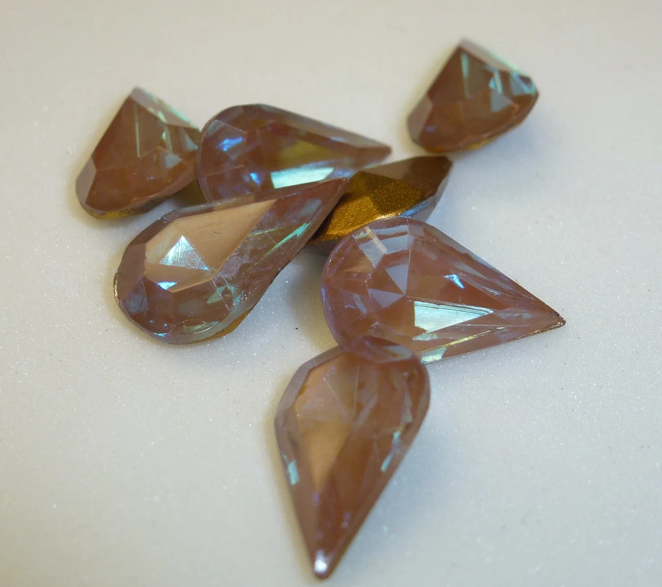 2 Rare Vintage Glass Rhinestones Pear Saphiret Gold TTC Foiled PB 13x8mm F2-1 - Image 3 of 4