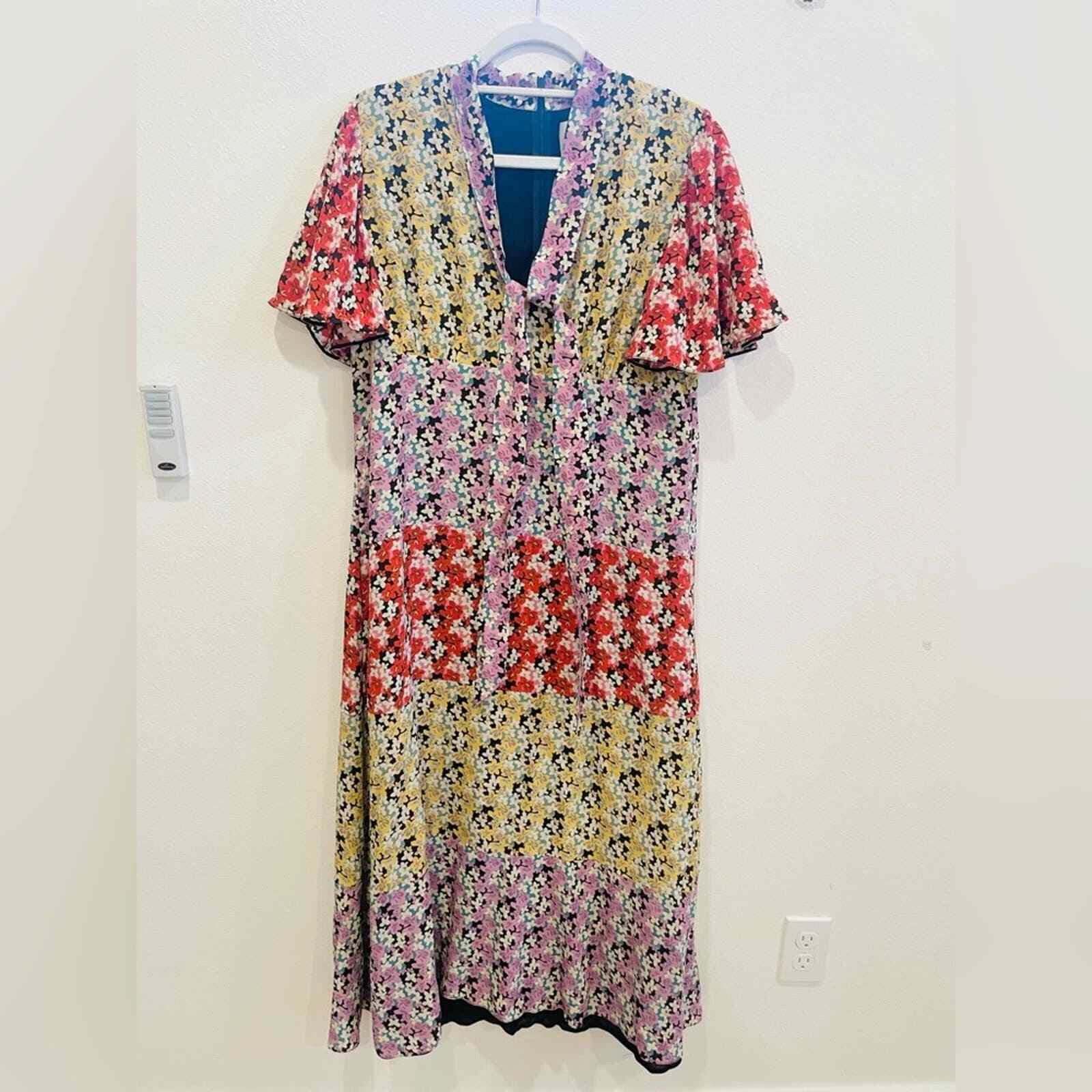 Abito Midi Valentino Multicolore Giallo Rosso Rosa Floreale Seta IT 46