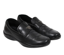 Prada Men Logo Plaque Loafers US 7 UK 6 Black Leather Moccasins Rubber Sole Low