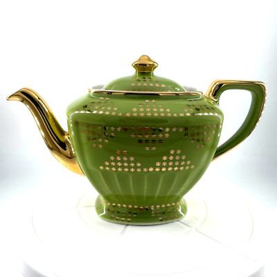 Vintage Hall Pottery Mint Green Gold Teapot Monterrey Atomic Stars Marked 1950s