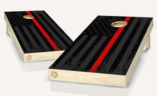 American Flag Black and Gray Thin Red Line Cornhole Board Vinyl Wrap Decal Set