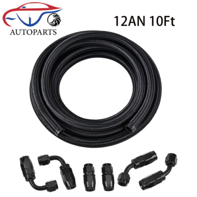 12AN 10Ft Fuel Line Fitting Kit Nylon Braided CPE Oil Hose with 6 Fitting Black