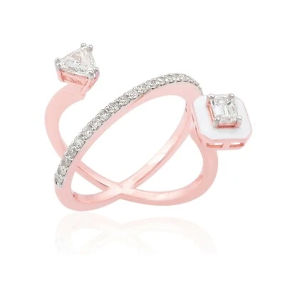Kunstdiamanten Grown Cvd Diamant Crisscross Ring 18k Rose Solid Gold Weiß Email - Bild 1 von 4
