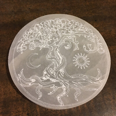 Polished Selenite Charging Plate '' Tree of Life Engraved Circle Disc Reiki Energ