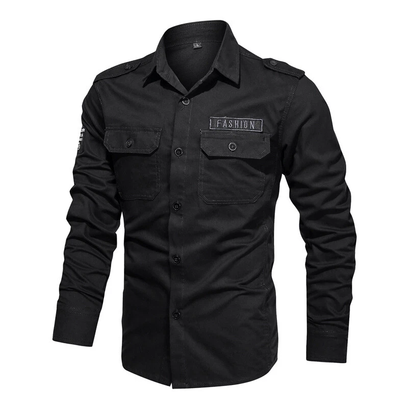 New Men's Military Shirts Slim Long Sleeve Pockets Army Cotton Casual Shirts Top - Image 4 of 4