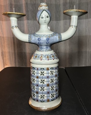 Vintage Tonala Mexico Hand Painted Pottery Figural Woman Candelabra 1970 s Rare