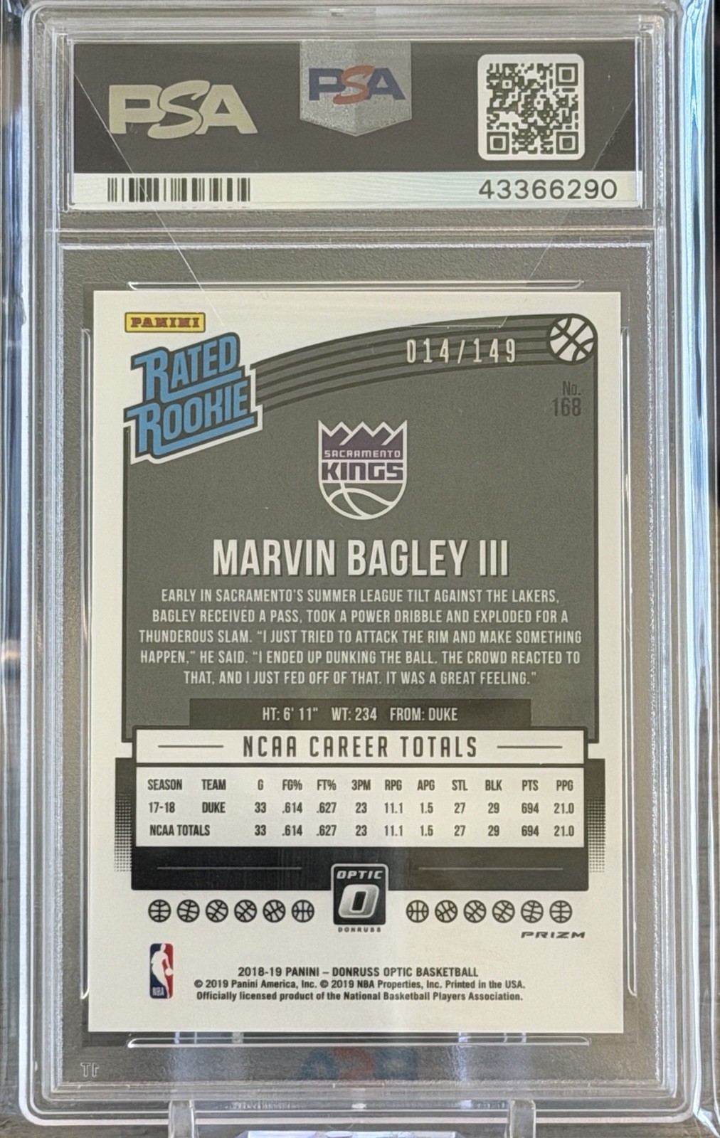 2018 Donruss Optic Marvin Bagley III #168 Lime Green /149 RC PSA 10 GEM view 2