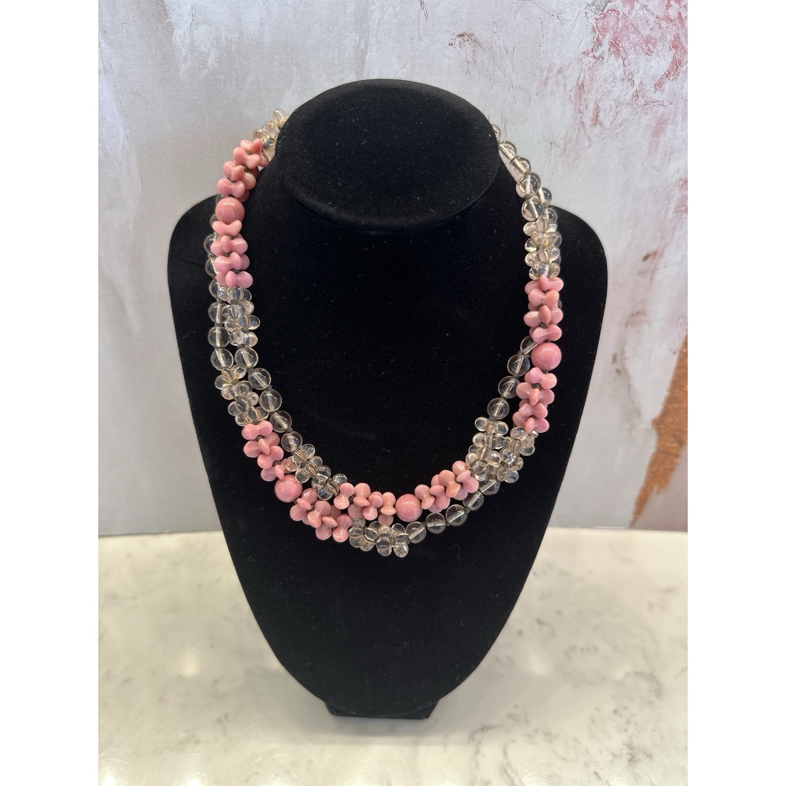 Miriam Haskell Vintage Pink Floral and Clear Glass Bead Necklace Patented Clasp