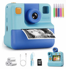 Kids Instant Print Digital Camera Set Blue w/ 32GB Card, Color Pens, Lanyard