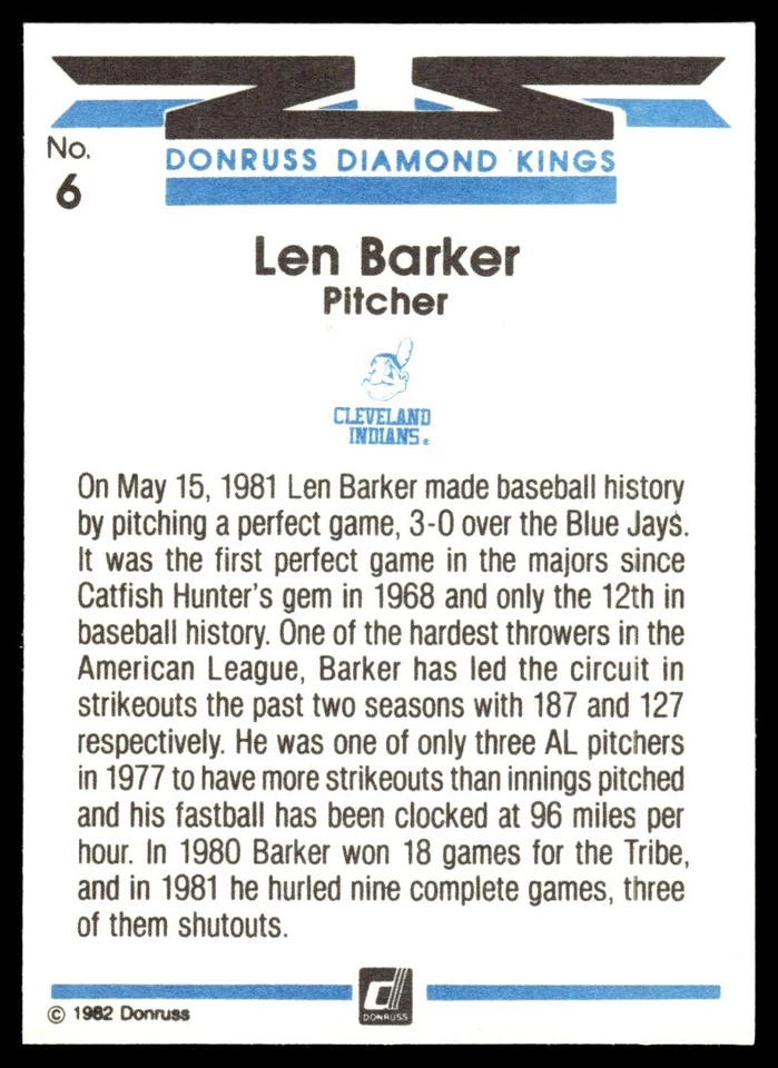 1982 Donruss Diamond Kings Len Barker Cleveland Indians #6 - Image 2 of 2