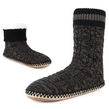 Cozylook Mens Slipper Socks Fleece Lined Non-slip 12-13, Cable Knit Black