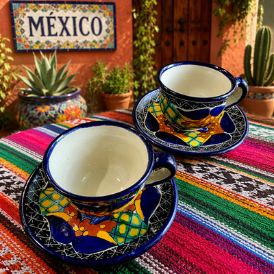 Vtg. Talavera Colorful Hand Painted Cup Saucer Lot 2 Cafe Con Nortel Pue Mexico