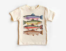 Camisa abstracta colorida trucha en fila para niños pequeños - especies de peces de río - pesca