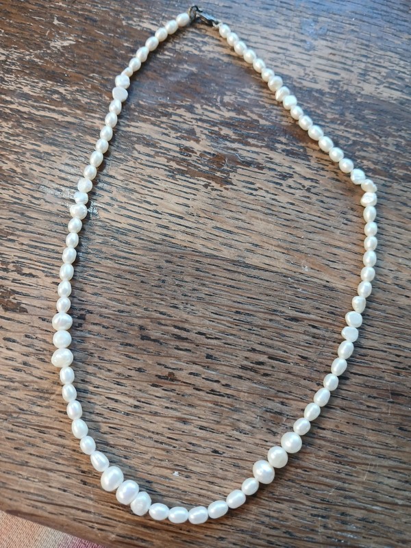 Vtg Freshwater Pearl Necklace 15.5" Rice Baroque 925 Clasp Vintage