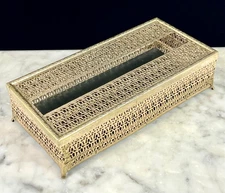 Vintage Brass Ornate Hollywood Regency Rectangle Footed Tissue Box Holder