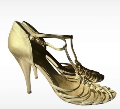 Chanel Gold Leather T-Strap Heels Sandals 39.5 FR Vintage CC Pearl Italy - Photo 1/4