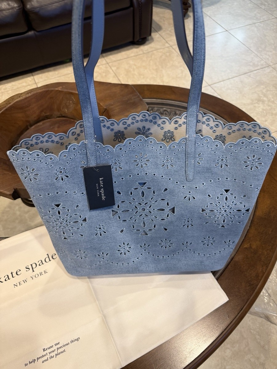 Kate Spade Large Blue Perforated Cutout Denim Tote Bag Do It All