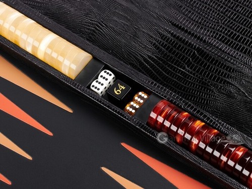 Nuevo 15" Zaza & Sacci Pequeño Cuero Backgammon Set - Estuche de Viaje Lagarto Negro - Imagen 10 de 12