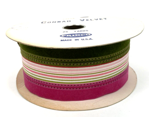 Vintage Velvet Wired Ribbon Pink Green Striped 2.5" Bolt 25 Yards Preppy USA - Picture 1 of 7