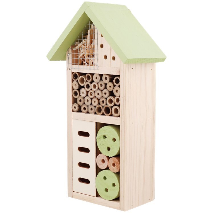 Hôtel à insectes vert en bois véritable pour jardin et balcon de taille M
