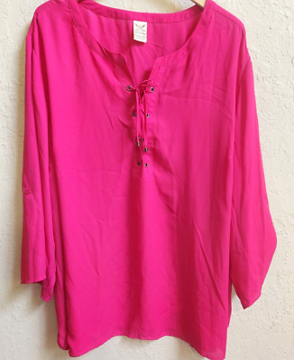 Faded Glory Dress Shirt Womens 4X Hot Pink Roll Up Tab Sleeve Laced Closure