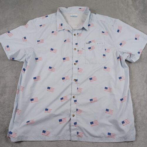 Columbia Shirt Mens XXL Blue USA All Over Print Button Up Short Sleeve PFG