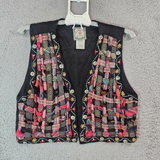 Vintage Jou Jou Cropped Vest Women Large Ribbon Woven Open Front Multicolor - L