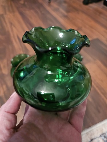 Vintage Anchor Hocking Forest Green Ruffled Edge Bud Bulb Glass Vase 3”