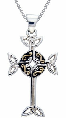Jewelry Trends Sterling Silver and Gold-plated Celtic Cross Pendant on Box Chain