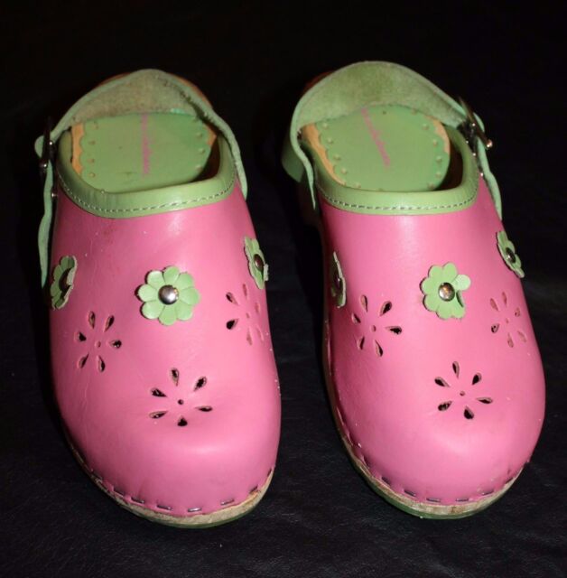 Hanna Andersson Pink Green Clogs Flower Girls Shoes 30 12 Toddler Kid Leather