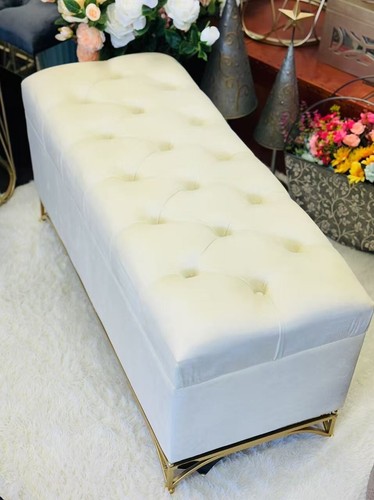 Handmade Storaged Velvet Bench with Gold metal bases in Ivory 100cm length - Picture 15 of 23
