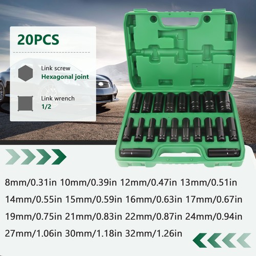 Impact Sockets Set 1/2Inch Drive 20 PCS Metric 8mm-32mm Deep 6-Point Set w/case - Picture 3 of 11