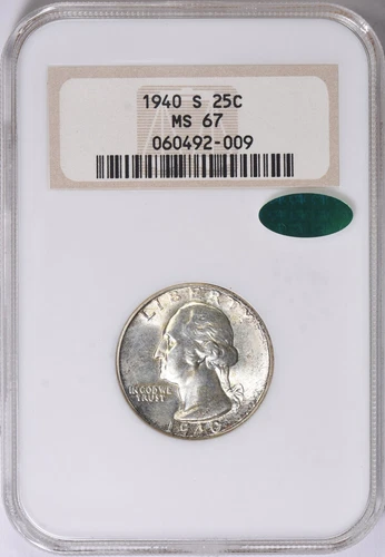 1940-S WASHINGTON QUARTER NGC MS67 CAC