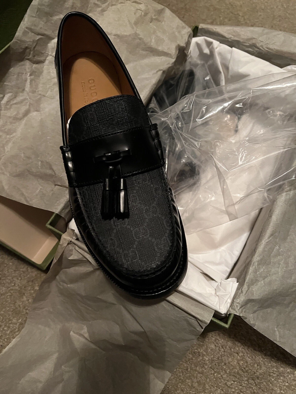 CHAUSSURES HOMMES GUCCI SUPREME TASSEL CUIR NOIR ET TOILE NOIRE US 11/10,5 G