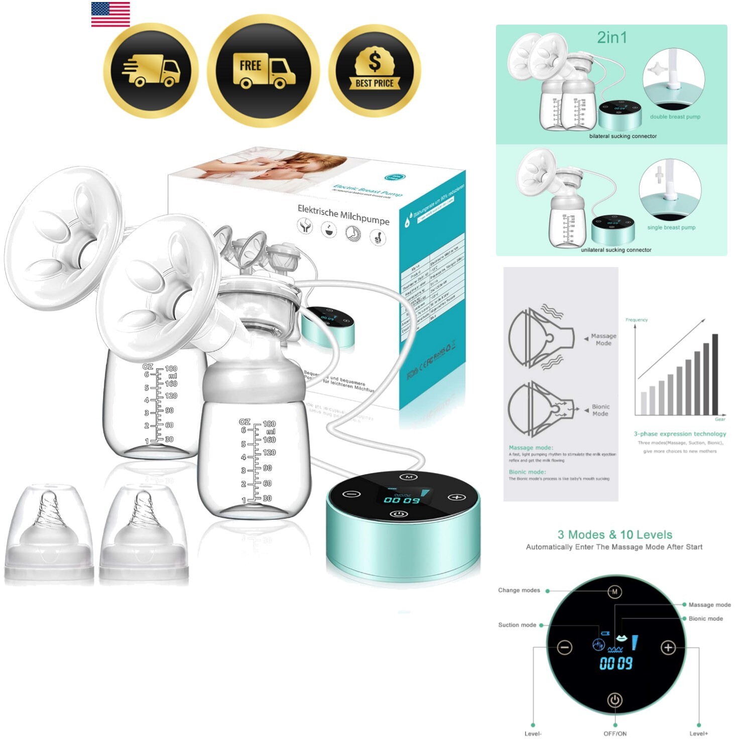 Electric Double Breast Pump with 3 Modes 10 Levels USB Rechargeable for Comfortable Breastfeeding-image