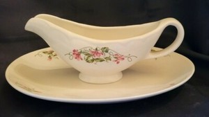 Homer Laughlin Serving Plate and Gravy Boat - White w/ Pink Flowers (2 pieces)