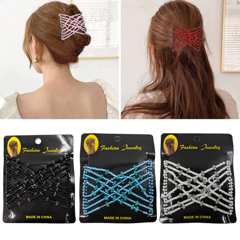 Women Plastic Beads Magic Hair Combs Stretchy Double Hair