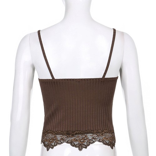 New Women Lace Trimming V Neck Crop Top Ribbed Summer Camisole Spaghetti Strap V - Picture 10 of 62